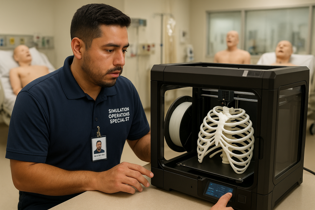 simulation operations specialist works with 3D printer making rib cage.